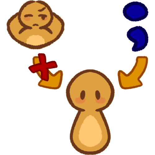 two yellow arrows pointing at a person. The left arrow is connected to an annoyed person lying down, with a red X through the arrow. The right arrow is connected to a blue semicolon